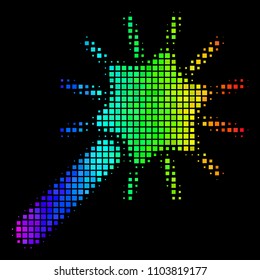 Dotted colorful halftone wand magic tool icon using spectral color tinges with horizontal gradient on a black background.