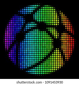 Dotted colorful halftone web browser icon drawn with rainbow color shades with horizontal gradient on a black background. Bright vector concept of web browser illustration done with round pixels.