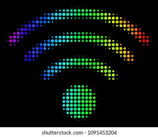 Dotted colorful halftone Wi-Fi source icon drawn with spectral color tinges with horizontal gradient on a black background.