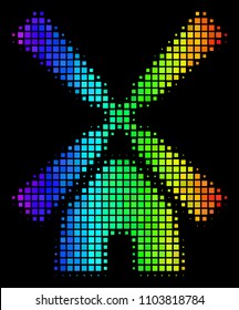 Dotted colorful halftone wind mill icon using rainbow color hues with horizontal gradient on a black background. Colored vector composition of wind mill pictogram formed from square cells.