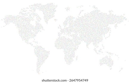 Mapa do mundo colorido pontilhado em forma geométrica exibindo fronteiras internacionais e continentes em abstrato criativo. Mapa de pontos multicores moderno em padrão de pixel melhor para infográfico e herança de era.