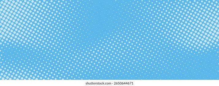 Dotted comic cloud background. Halftone clouds in bright blue sky. Pop art heaven wallpaper for banner, brochure, collage, leaflet, poster, flyer. Pixelated smoke, fog or smog texture