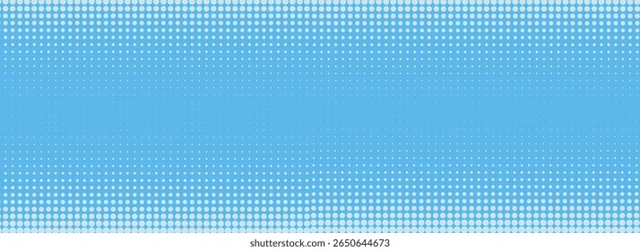 Dotted comic cloud background. Halftone clouds in bright blue sky. Pop art heaven wallpaper for banner, brochure, collage, leaflet, poster, flyer. Pixelated smoke, fog or smog texture