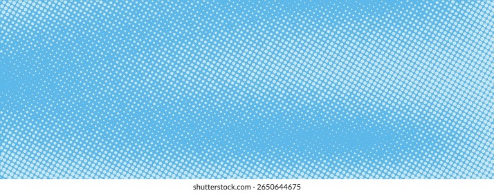 Dotted comic cloud background. Halftone clouds in bright blue sky. Pop art heaven wallpaper for banner, brochure, collage, leaflet, poster, flyer. Pixelated smoke, fog or smog texture