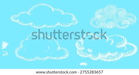 Dotted comic cloud background. White halftone clouds in blue sky. Pop art heaven wallpaper for banner, brochure, collage, poster, leaflet. Pixelated smoke, smog or fog texture. Vector illustration