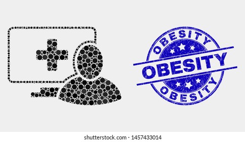 Dotted computer patient mosaic icon and Obesity seal stamp. Blue vector round textured seal stamp with Obesity phrase. Vector combination in flat style.