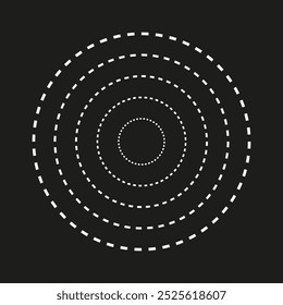 Círculos concêntricos pontilhados. Design radial minimalista. Padrão tracejado geométrico. Simetria do vetor.