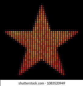 Dotted confetti star icon. Bright pictogram in fire color shades on a black background. Vector halftone collage of confetti star pictogram constructed from round items.