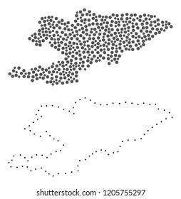 Dotted and Contour map of Kyrgyzstan created with dots. Vector grey abstraction of map of Kyrgyzstan. Connect the dots educational geographic drawing for map of Kyrgyzstan.