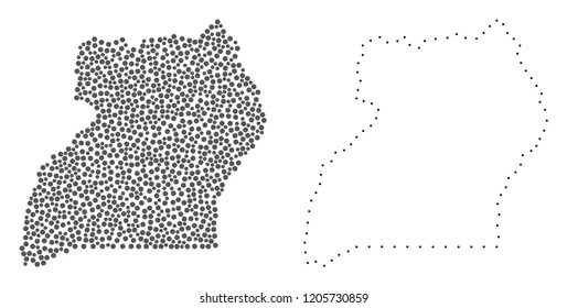 Dotted and Contour map of Uganda formed with dots. Vector gray abstraction of map of Uganda. Connect the dots educational geographic drawing for map of Uganda.