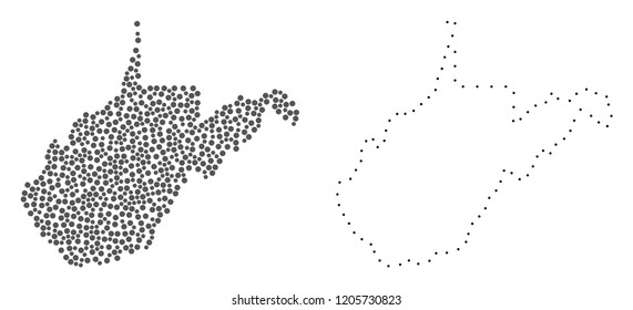Dotted and Contour map of West Virginia State created with dots. Vector gray abstraction of map of West Virginia State. Connect the dots educational geographic drawing for map of West Virginia State.