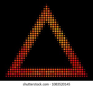 Dotted contour triangle icon. Bright pictogram in fire color hues on a black background. Vector halftone composition of contour triangle symbol composed with round points.