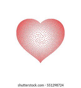 Dotted convex heart drawn with a scattering of red homogeneous points on a white background. The symbol can be used for designation of wellness cardiovascular subjects, and also for Valentine's Day.