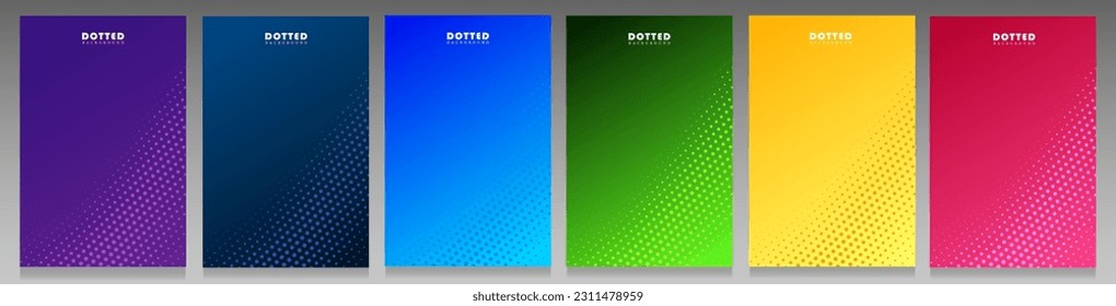 Dotted cover design. Halftone background set, dot color scale. Round geometric motifs collection.