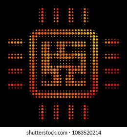 Dotted cpu circuit icon. Bright pictogram in hot color tones on a black background. Vector halftone pattern of cpu circuit icon made of circle dots.
