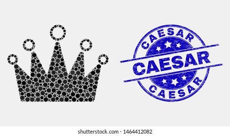 Dotted crown mosaic icon and Caesar seal stamp. Blue vector rounded grunge seal stamp with Caesar text. Vector combination in flat style. Black isolated crown mosaic of random circles,