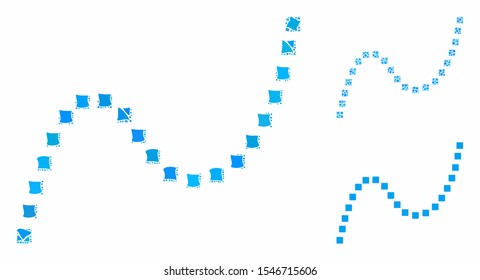 Dotted curve composition of humpy parts in different sizes and color hues, based on dotted curve icon. Vector tuberous parts are united into composition.