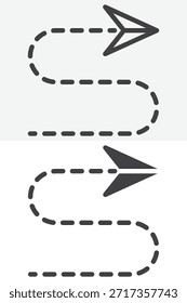 Ícone de setas de direção de curva pontilhada definido em estilo diferente. Ícone de contorno de linha e versão sólida, sinal de vetor de traçado editável e símbolo para redirecionamento, caminho de navegação, jornada, UX.