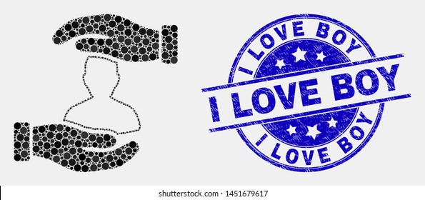 Dotted customer care hands mosaic pictogram and I Love Boy seal stamp. Blue vector rounded distress seal stamp with I Love Boy phrase. Vector combination in flat style.