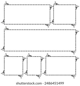 Dotted cut lines. Scissors at corners. Coupon frame set. Vector illustration.
