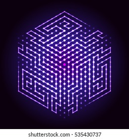 Dotted cyber hexagon. Glowing points with glow effect connected by lines . Abstract background of blurred dots. Futuristic technology vector illustration
