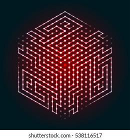 Dotted cyber hexagon. Glowing points with glow effect connected by lines . Abstract background of blurred dots. Futuristic technology vector illustration