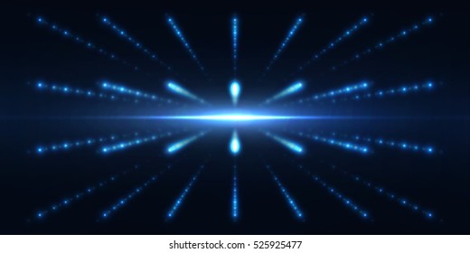 Dotted cyber wireframe at perspective . Glowing points with depth effect . Abstract tunnel consist of blurred stars at space . Neural network connection . Vector futuristic technology background .