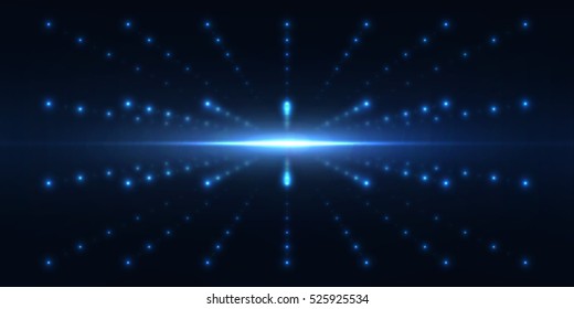 Dotted cyber wireframe at perspective . Glowing points with depth effect . Abstract tunnel consist of blurred stars at space . Neural network connection . Vector futuristic technology background