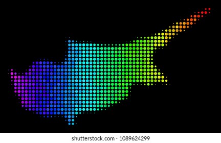 Dotted Cyprus Island map. Halftone geographical plan in spectrum color hues with horizontal gradient on a black background. Vector pattern of Cyprus Island map composed of spheres.