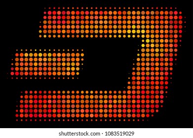 Dotted dash currency icon. Bright pictogram in fire color shades on a black background. Vector halftone collage of dash currency pictogram organized from spheric pixels.