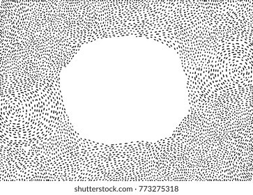 Dotted, dashed line pattern. Border frame. Optical illusion. Abstract background. Hand drawn sketch. Vector artwork.  Black and white, monochrome. Vintage, retro, grunge, decorative, stylized