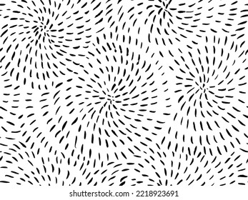 Dotted, dashed lines seamless pattern. Black and white vector hatching texture. Spirals seamless doodle pattern. Circular and swirl shapes with short lines and dashes. Brush drawn random strokes.