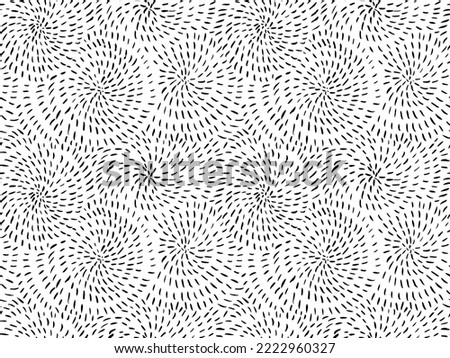 Dotted, dashed lines seamless pattern. Black and white vector hatching texture. Spirals seamless doodle pattern. Circular and swirl shapes with short lines and dashes. Brush drawn random strokes.