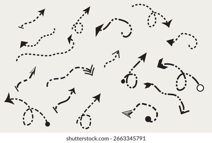 Dotted and dashed sketch arrows in playful curved motion paths, black directional icons on light background, ideal for maps, diagrams, infographics, and creative design visuals