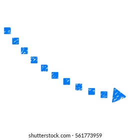 Dotted Decline Trend grainy textured icon for overlay watermark stamps. Flat symbol with dirty texture. Dotted vector blue ink rubber seal stamp with grunge design. Designed with square dots.