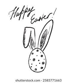 Dotted decorated Easter egg with bunny ears drawing in black brush stroke texture isolated on white background. Hand drawn vector sketch illustration in vintage charcoal ink. Greeting card design