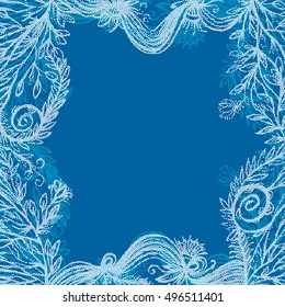 Dotted decorative floral doodle frame, hand drawn template with empty space for text.