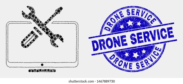 Dotted desktop tools mosaic pictogram and Drone Service seal stamp. Blue vector round scratched watermark with Drone Service message. Vector collage in flat style.