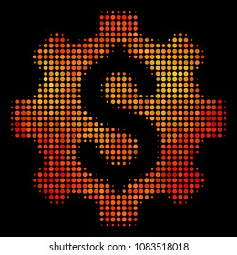 Dotted development cost icon. Bright pictogram in orange color tones on a black background. Vector halftone mosaic of development cost icon made from spheric elements.