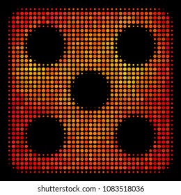 Dotted dice icon. Bright pictogram in fire color tinges on a black background. Vector halftone collage of dice symbol made with round elements.