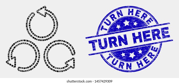 Dotted different rotation mosaic icon and Turn Here stamp. Blue vector rounded scratched stamp with Turn Here phrase. Vector composition in flat style.