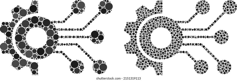 Dotted digital mechanics icon. Collage digital mechanics icon composed of spheric parts in random sizes and color tints. Vector spheric items are arranged into collage digital mechanics icon.