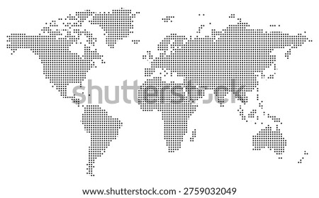 Dotted Digital World Map Graphic with Pixelated Circle Grid Pattern for Global Networking and Data Technology