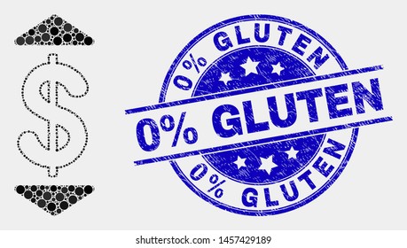 Dotted dollar up down mosaic icon and 0% Gluten stamp. Blue vector round distress seal stamp with 0% Gluten phrase. Vector combination in flat style.