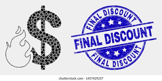 Dotted dollar fire mosaic pictogram and Final Discount seal. Blue vector round distress stamp with Final Discount caption. Vector collage in flat style.
