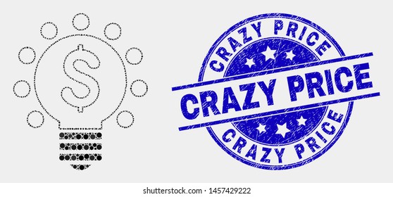 Dotted dollar light bulb mosaic icon and Crazy Price seal. Blue vector round grunge seal stamp with Crazy Price message. Vector combination in flat style.