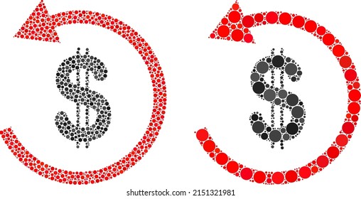 Icono de devolución en dólares. Icono de reembolso del dólar mosaico unido de partes esféricas en varios tamaños y colores. Los puntos esféricos vectoriales se componen en un icono de reembolso en dólares mosaico.