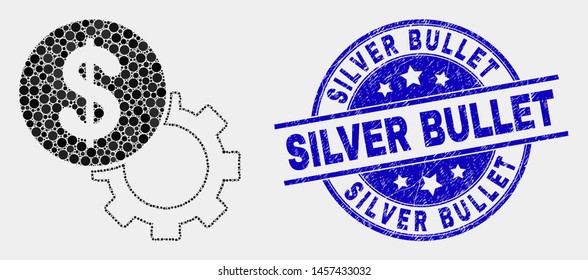 Dotted dollar setup gear mosaic pictogram and Silver Bullet watermark. Blue vector rounded textured watermark with Silver Bullet title. Vector combination in flat style.