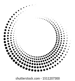 Dotted, dots, speckles abstract concentric circle. Spiral, swirl, twirl element.Circular and radial lines volute, helix.Segmented circle with rotation.Radiating arc lines.Cochlear, vortex illustration