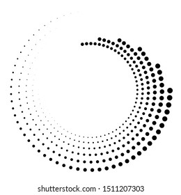 Dotted, dots, speckles abstract concentric circle. Spiral, swirl, twirl element.Circular and radial lines volute, helix.Segmented circle with rotation.Radiating arc lines.Cochlear, vortex illustration